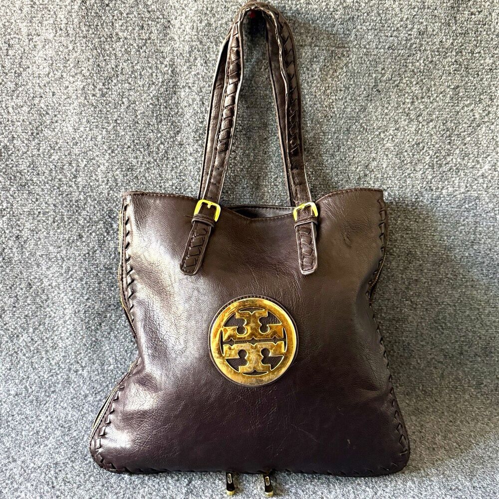 Tory Burch Boho Whipstitch Leather Expandable Zipper Tote Shoulder Bag Gold Logo